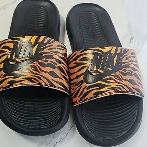 Nike Black and Orange Animal Print Slides